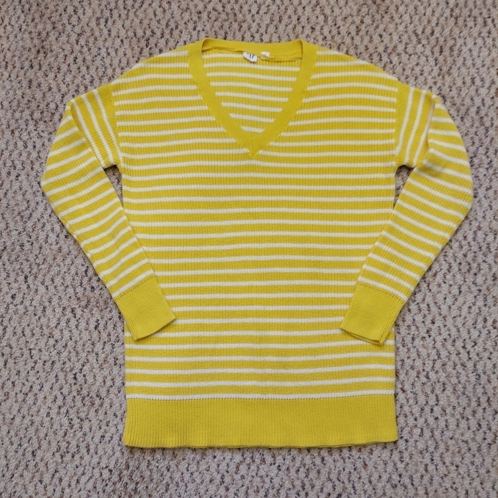 Womens Gap Size S Vneck Sweater Striped Yellow Cotton Knit Top Nautical  Bright